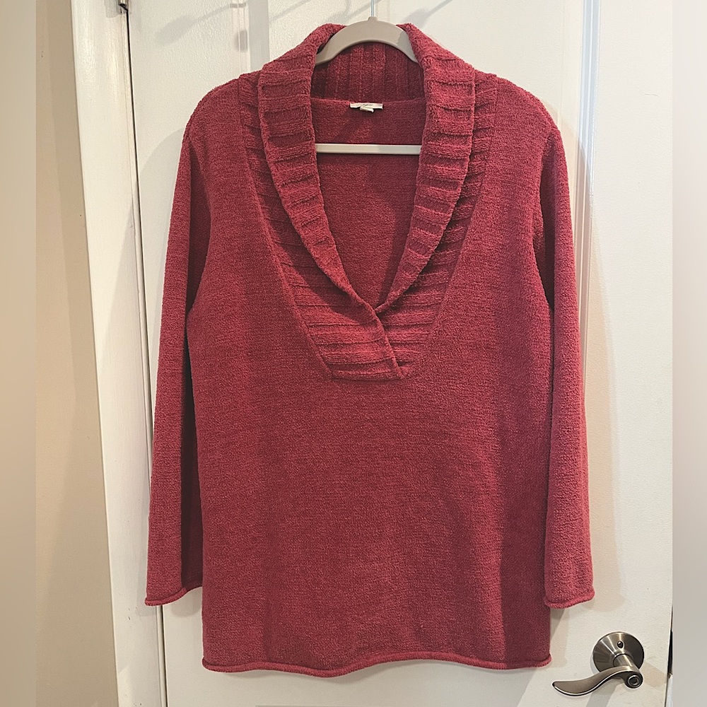 J. Jill Shawl Collar Chenille Sweater Sz Petite L Dark Rose Rolled Cuffs & Hem